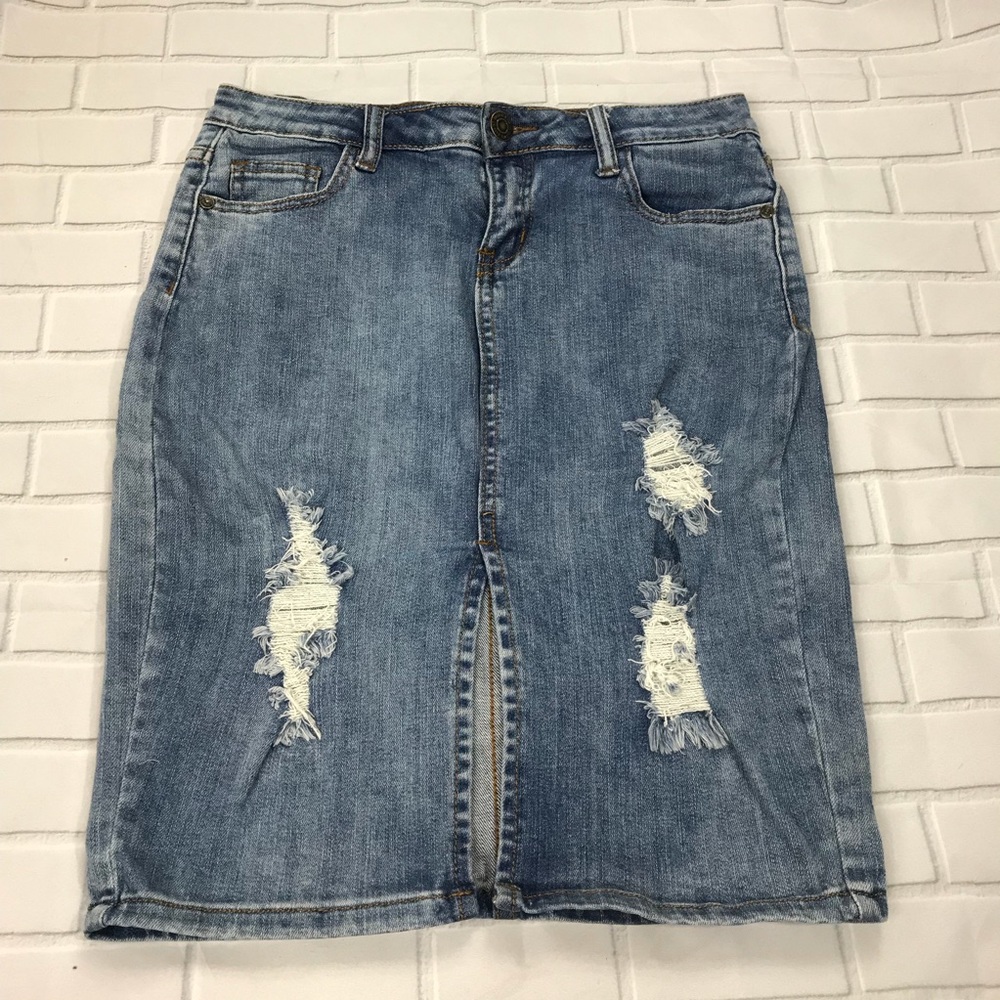 Machine light wash distressed jean skirt
